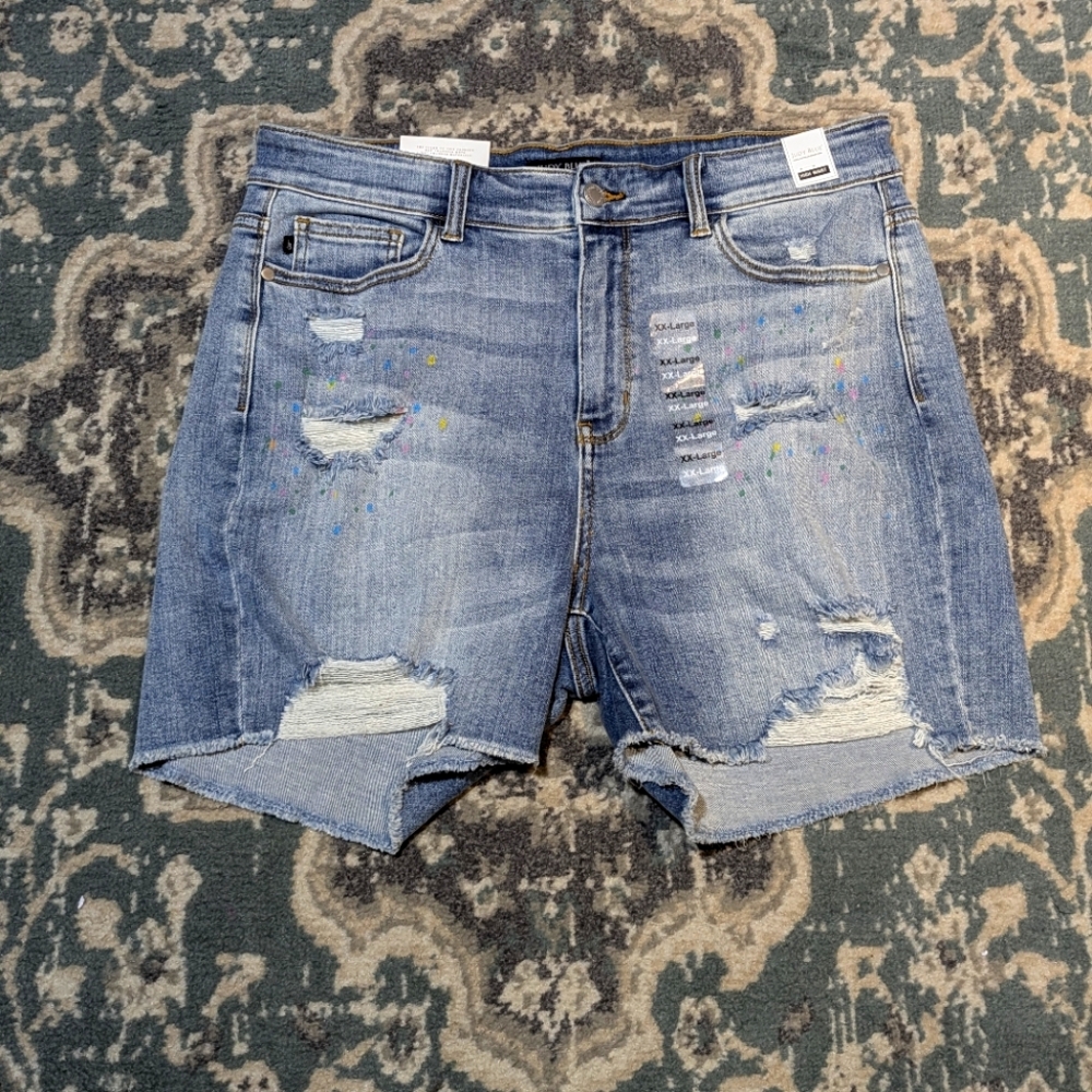 Woman's High Waist Lite Blue Distressed Denim Shorts by Judy Blue SZ 2XL